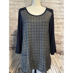 Chico's Womens Emma Embellished Top Black Knit  Print 3/4 Sleeve Sz 1 Small